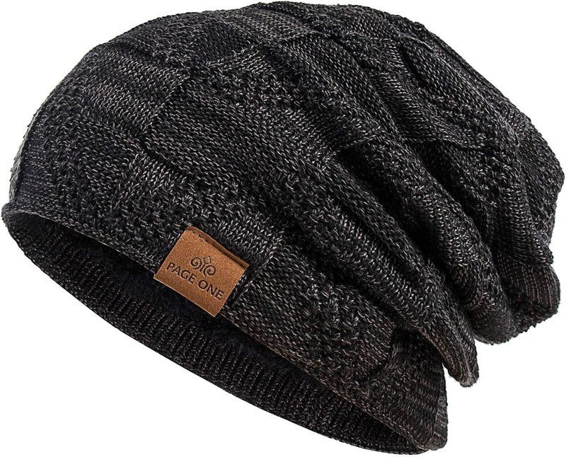 PAGE ONE Mens Winter Slouchy Beanie Warm Fleece Lined Skull Cap Baggy Cable Knit Hat - Image 1